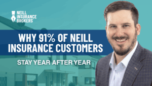 Smiling insurance agent in a blazer beside bold text reading 'Why 91% of Neill Insurance Customers Stay Year After Year' with Neill Insurance Brokers logo and a background of suburban homes."