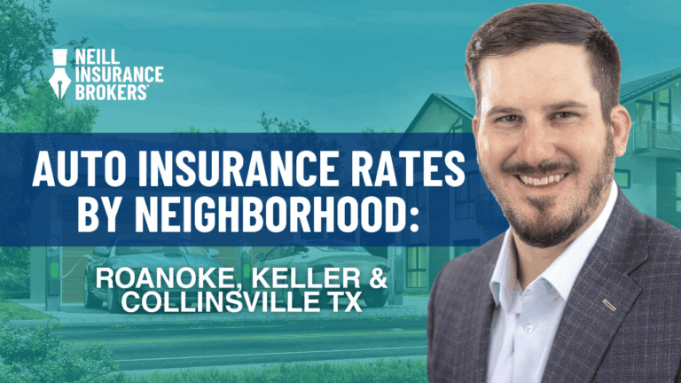 Auto insurance rates comparison in Roanoke, Keller, and Collinsville TX by Neill Insurance Brokers—local agent smiling with suburban neighborhood background.