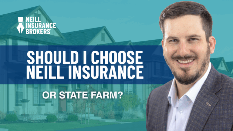 Neill Insurance Brokers comparison with State Farm—smiling agent and text over neighborhood background.