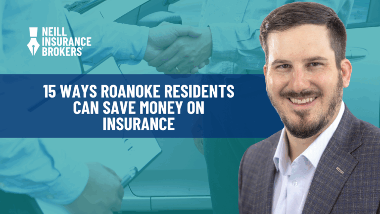 Neill Insurance Brokers banner featuring a smiling man in a suit, with the text ‘15 Ways Roanoke Residents Can Save Money on Insurance’ and a handshake background image, highlighting local insurance savings tips for Roanoke, Texas residents.