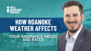 Neill Insurance Brokers banner featuring a smiling man in a suit, with the text ‘How Roanoke Weather Affects Your Insurance Needs and Rates’ over a background of raindrops on glass, explaining how local climate impacts insurance in Roanoke, Texas.