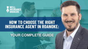 Neill Insurance Brokers agent in Roanoke, Texas, smiling in front of a banner that reads ‘How to Choose the Right Insurance Agent in Roanoke: Your Complete Guide.’