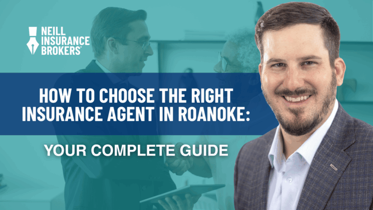 Neill Insurance Brokers agent in Roanoke, Texas, smiling in front of a banner that reads ‘How to Choose the Right Insurance Agent in Roanoke: Your Complete Guide.’