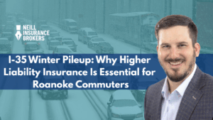 Neill Insurance Brokers highlights I-35 winter pileup risks, stressing importance of higher liability insurance for Roanoke commuters, snowy highway accident scene with cars and trucks
