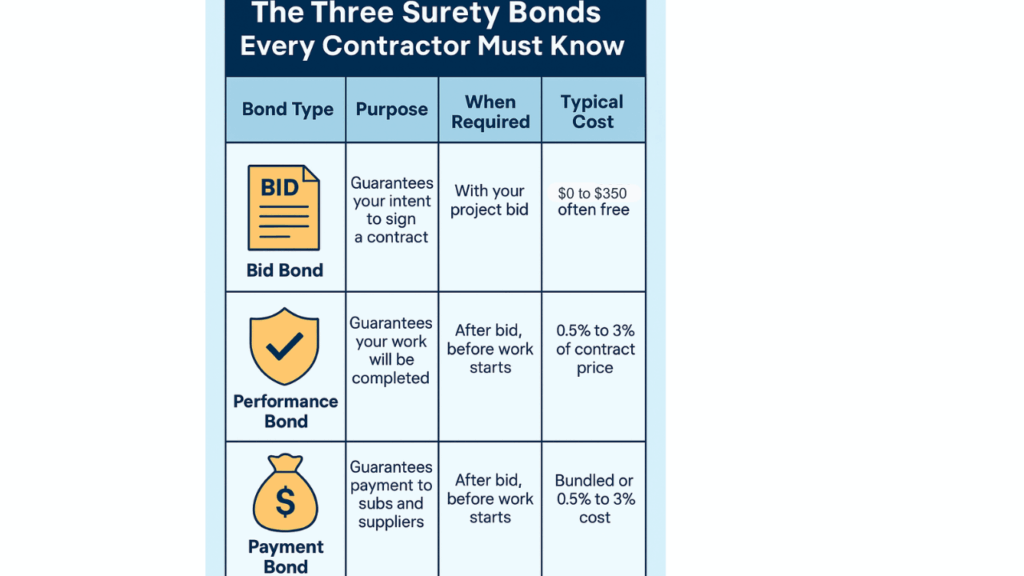 “Infographic titled ‘The Three Surety Bonds Every Contractor Must Know’ showing a comparison table of Bid Bond, Performance Bond, and Payment Bond with details on their purpose, when required, and typical cost.”