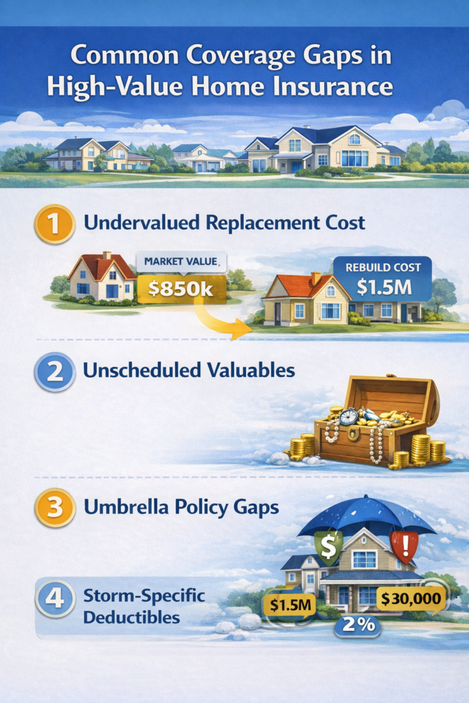 Infographic titled "Common Coverage Gaps in High-Value Home Insurance" showing four key risks: 1) Undervalued Replacement Cost with a comparison of market value ($850k) versus rebuild cost ($1.5M), 2) Unscheduled Valuables represented by a treasure chest of valuables, 3) Umbrella Policy Gaps shown with a house under an umbrella and financial icons, and 4) Storm-Specific Deductibles with a $1.5M home and a 2% deductible equaling $30,000 out of pocket.